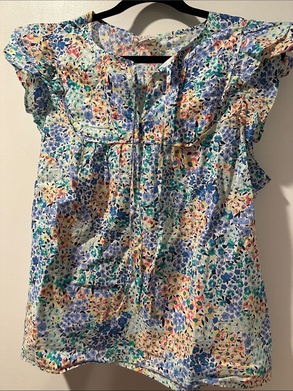 J. Crew Floral Flutter-Sleeve Blouse in Blue, Green, Yellow, Pink